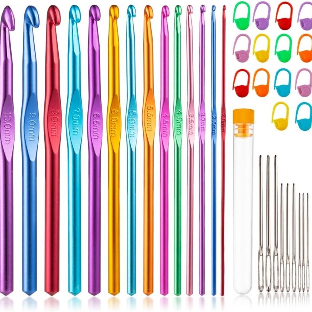 14 Sizes Crochet Hooks Set 2.0–10.0mm, Colorful Metal Crochet Needles, Ergonomic
